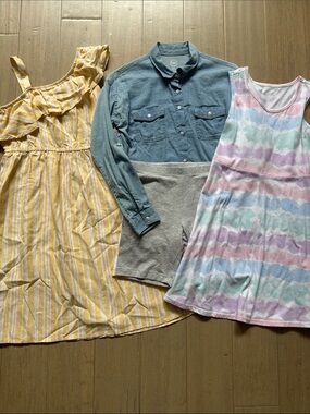 Yellow Stripe Ruffle & Tie-Dye Tank Dresses Chambray Shirt and 2 Bike shorts